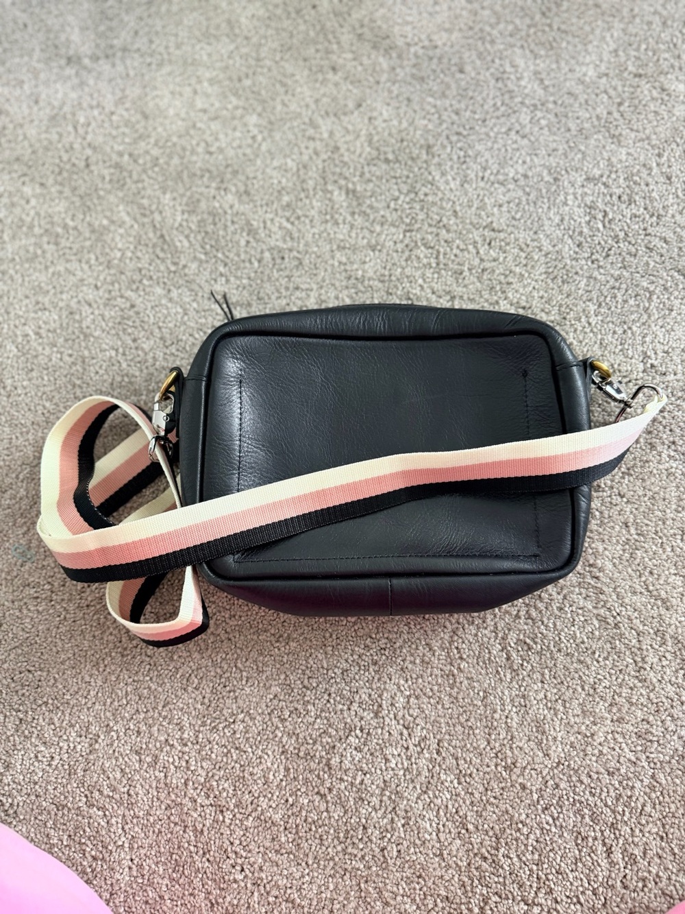 Madewell Black Leather Crossbody with Pink-Striped Strap
